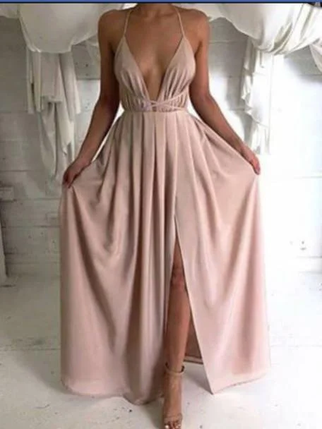 A Line V Neck Backless Floor Length Prom Dresses, Evening Dresses Tunics Business professional