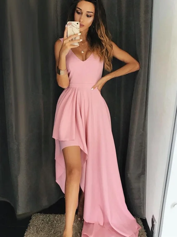 A Line V Neck High Low Pink Long Prom Dresses, Pink Formal Dresses, Simple Pink Evening Dresses Tunics Silk luxurious A Line V Neck High Low Pink Long Prom Dresses, Pink Formal Dresses, Simple Pink Evening Dresses Tunics Silk luxurious