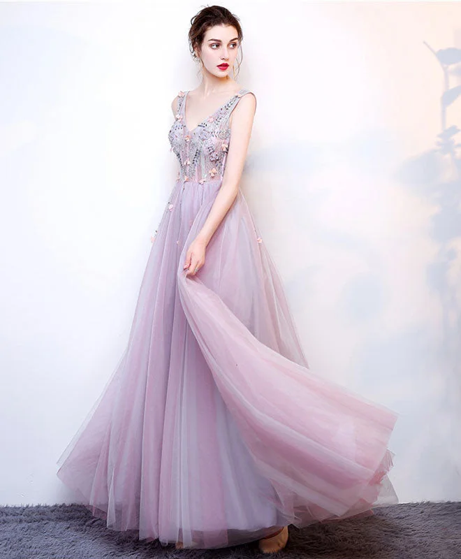 A Line V Neck Lace Tulle Long Prom Dress, Lace Evening Dress Tunics Yoga stretchy