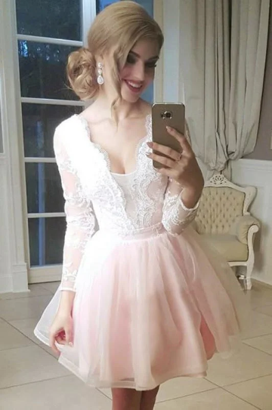 A-Line V-Neck Low Cut Lace Tulle Pink Homecoming Party Dress with Long Sleeves Crew Neckline Casual