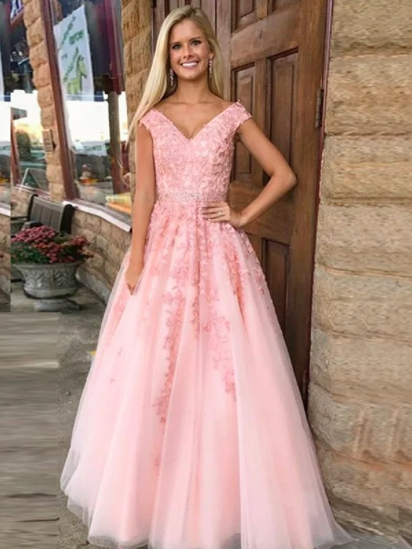 A Line V Neck Pink Lace Prom Dress, Pink Lace Formal Dress, Graduation Dress, Pink Evening Dress Tunics Velvet soft