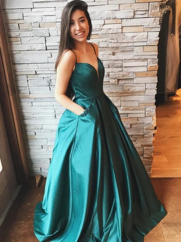 A Line V Neck Satin Long Emerald Green Prom Dresses with Pocket, V Neck Emerald Green Formal Dresses, Emerald Green Evening Dresses, Ball Boat Neckline Classic A Line V Neck Satin Long Emerald Green Prom Dresses with Pocket, V Neck Emerald Green Formal Dresses, Emerald Green Evening Dresses, Ball Boat Neckline Classic