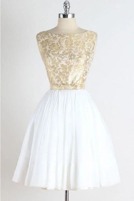 A Line Vintage Sleeveless Gold Lace Short Homecoming Dress Tulle Party Dresses Sequined Elegant Party