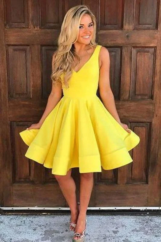 A-line Yellow V Neck Homecoming Cute Sleeveless Short Prom Dresses Party Dress Tunics Plaid country