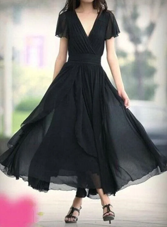 Black Chiffon Short Sleeves V-neckline Bridesmaid Dresses, Black Evening Dresses, Prom Dresses Tunics Leisure comfortable