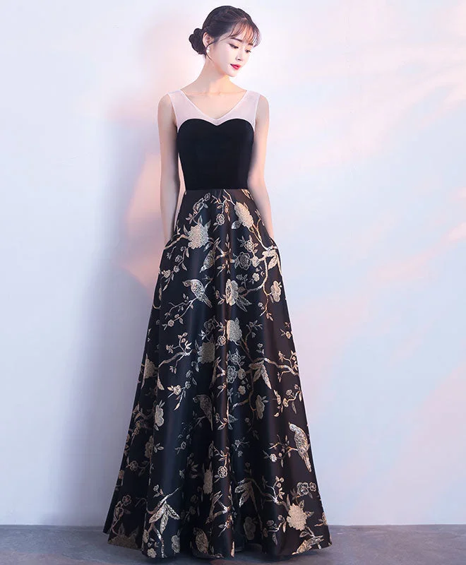 Black Floral Pattern Long Prom Dress, Black Evening Dress Square Neckline Feminine