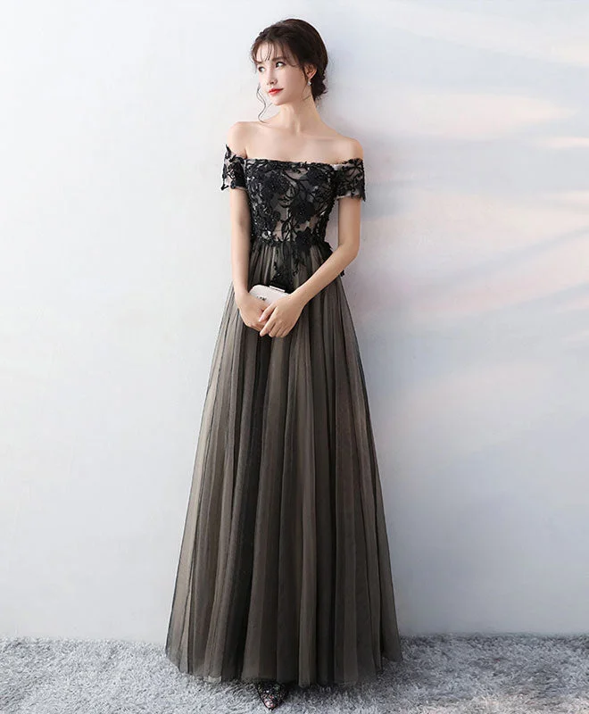 Black Lace Tulle Long Prom Dress, Black Formal Party Dress Tunics Solid Classic