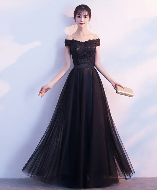 Black Lace Tulle Long Prom Dress, Lace Evening Dress Tunics Velvet soft