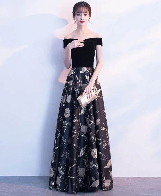 Black Off Shoulder Floral Pattern Long Prom Dress, Evening Dress Cowl Neckline Elegant