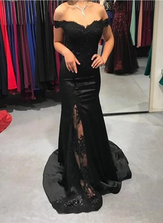 Black Satin Off Shoulder Slit Lace Bridesmaid Dresses, Black Party Dresses, Formal Gowns Tunics Designer luxury