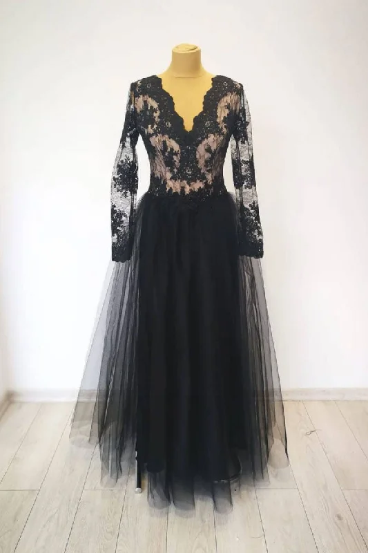 Black v neck lace tulle long evening dress black lace prom dress Mermaid Tail Wedding