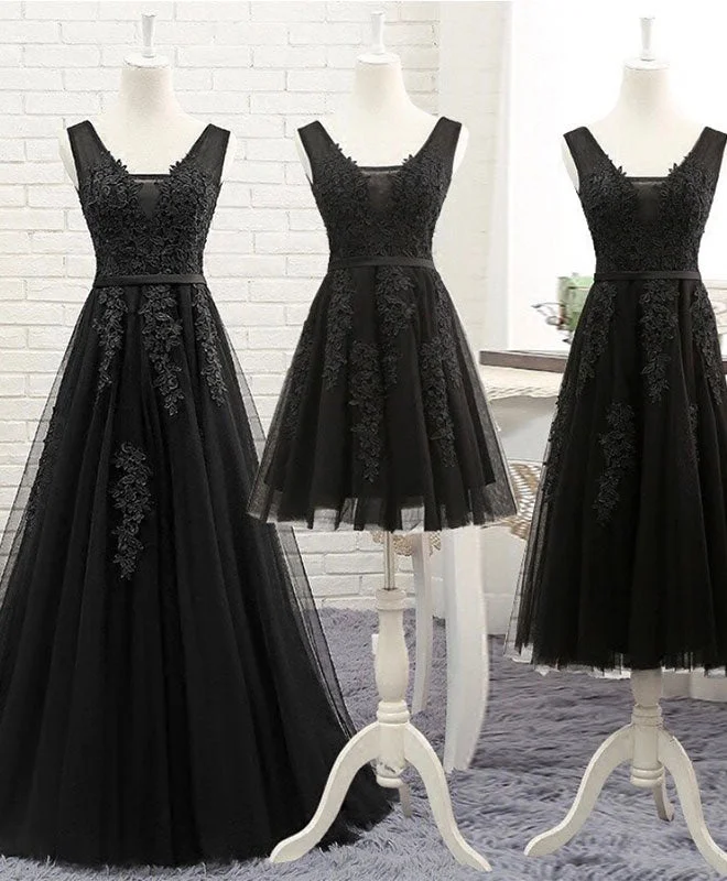 Black V Neck Tulle Lace Prom Dress, Lace Evening Dress Tunics Denim casual