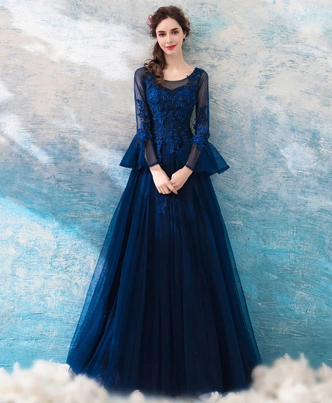 Blue Round Neck Lace Tulle Long Prom Dress, Lace Evening Dress Tunics Chic elegant