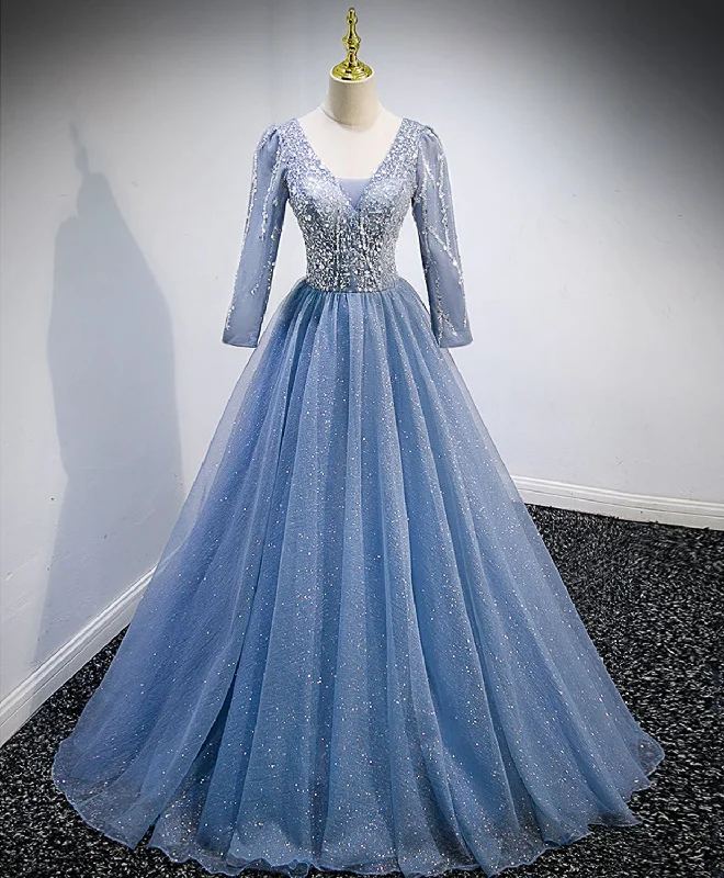 Blue V Neck Tulle Lace Long Prom Dress, Blue Evening Dress with Sequin Beading Tunics Canvas sturdy