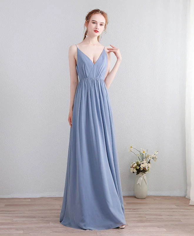 Blue V Neck Chiffon Lace Long Prom Dress, Evening Dress Tunics Trendy modern