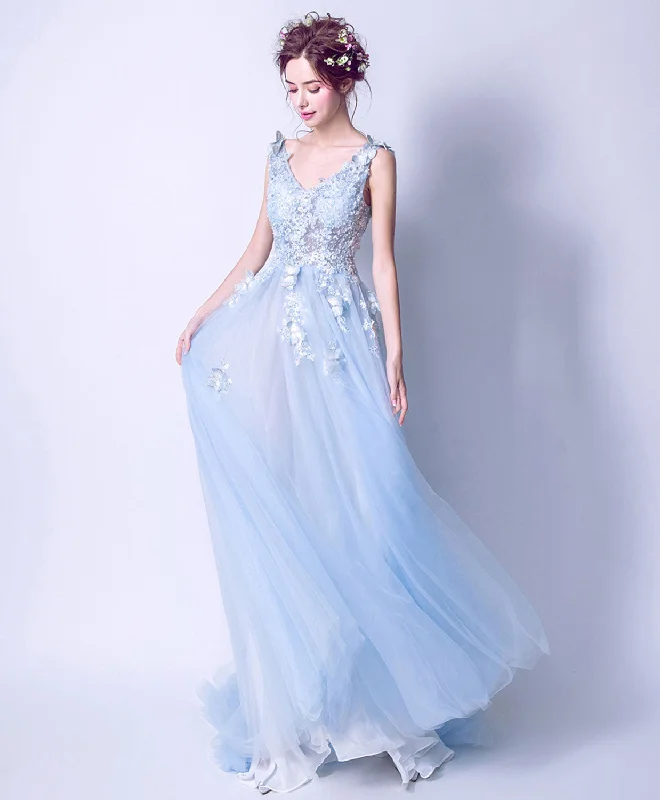 Blue V Neck Lace Tulle Long Prom Dress, Lace Evening Dress Tunics Evening elegant