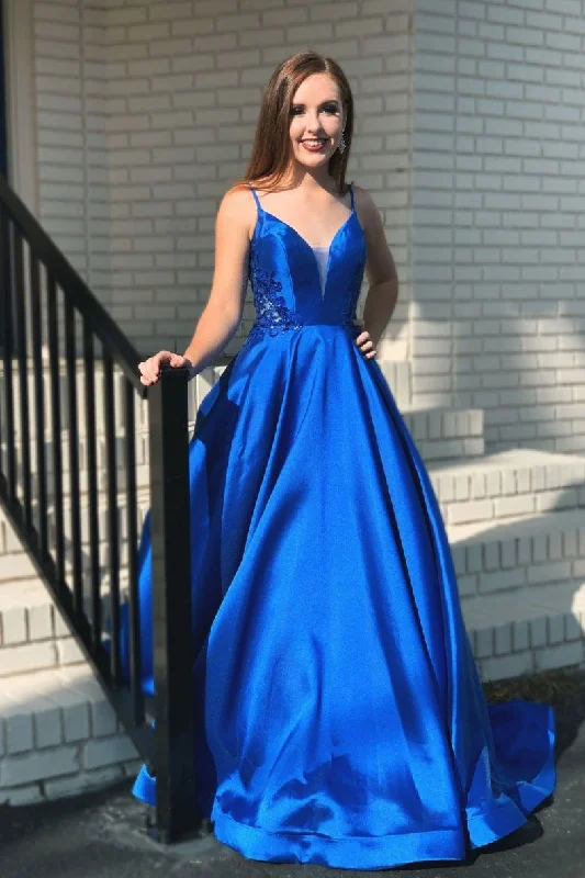 Blue v neck satin long prom dress blue evening dress Tunics Practical easy-care