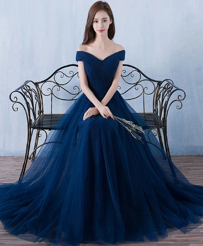 Blue V Neck Tulle A Line Long Prom Dress, Evening Dress Tunics Prom sequined