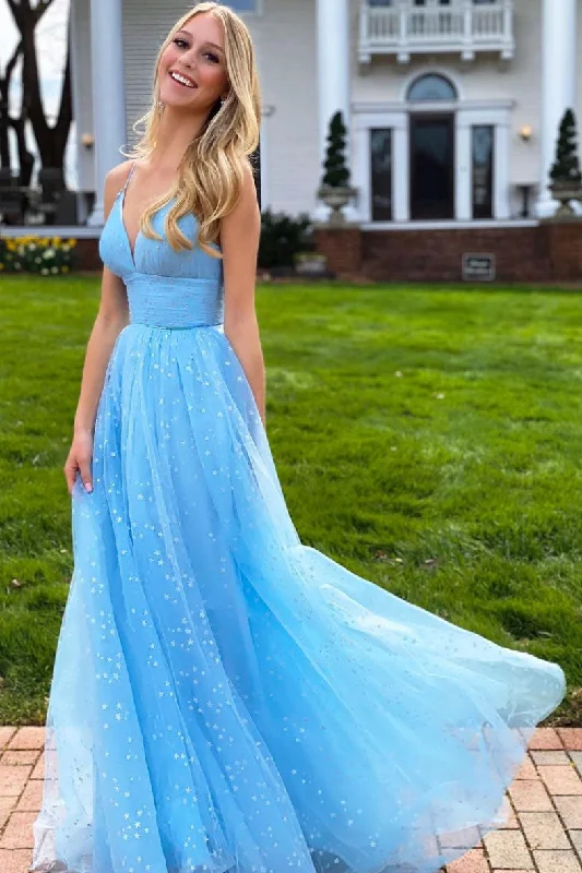 Blue v neck tulle beads long prom dress blue tulle evening dress Pleated Skirt Elegant