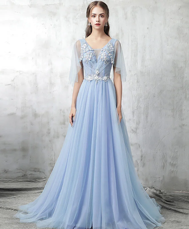 Blue V Neck Tulle Lace Applique Long Prom Dress, Blue Evening Dress Tunics Distressed trendy