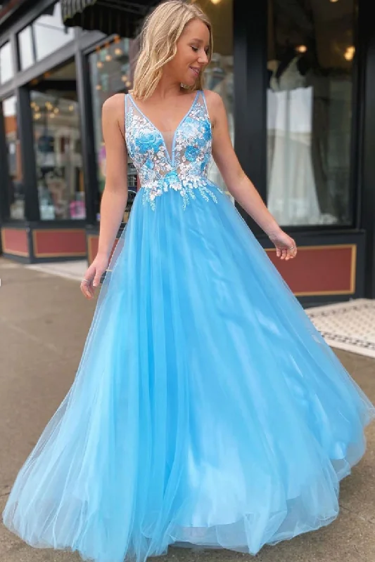 Blue v neck tulle lace long prom dress blue evening dress Tunics Yoga stretchy