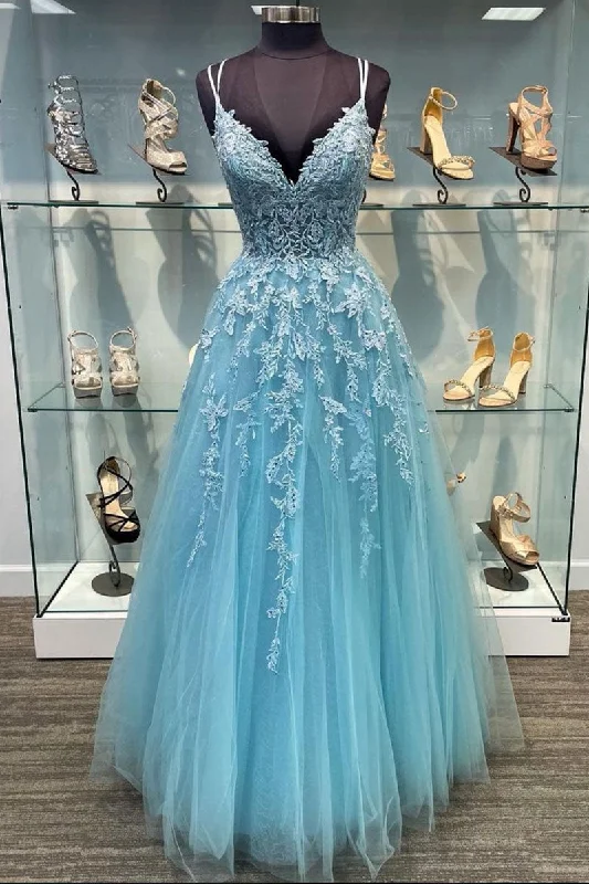 Blue v neck tulle lace long prom dress blue tulle lace evening dress Tunics Evening elegant