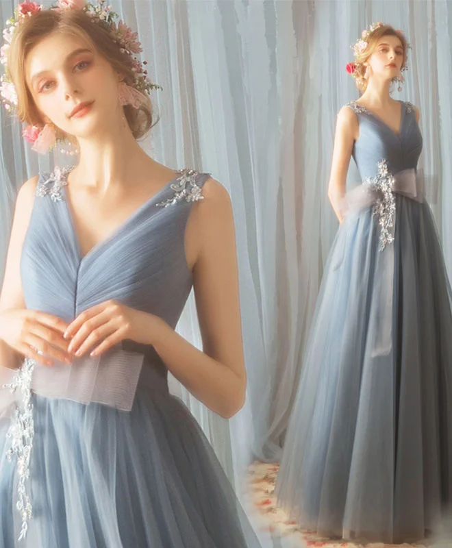 Blue V Neck Tulle Lace Long Prom Dress, Evening Dress Tunics Recommended stylist