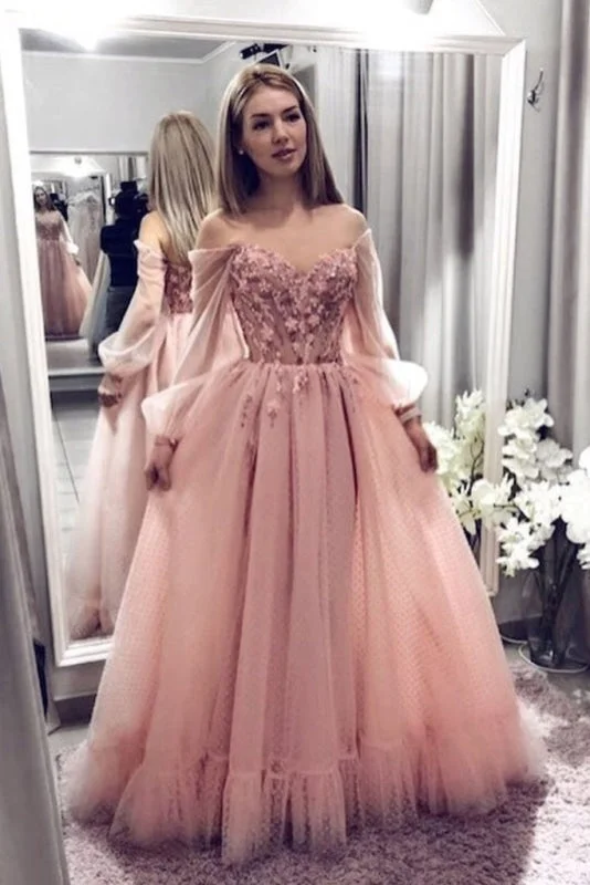 Blush Pink Prom Dresses With Long Sleeves A Line Elegant Evening Dress with Applique Sequined Elegant Party