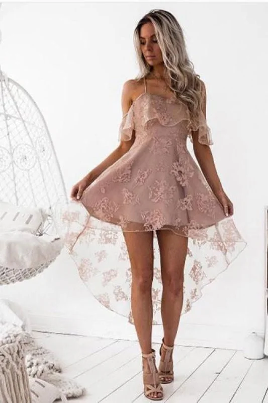 Blush Straps Fashion A-Line Lace Off-Shoulder High Low Short Homecoming Party Dress Tunics Satin smooth