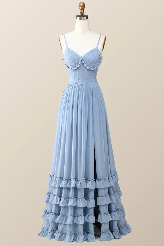 Boho Style Dusty Blue Ruffles Long Party Dress Bridesmaid Dress,DP1817 Tunics Exclusive limited