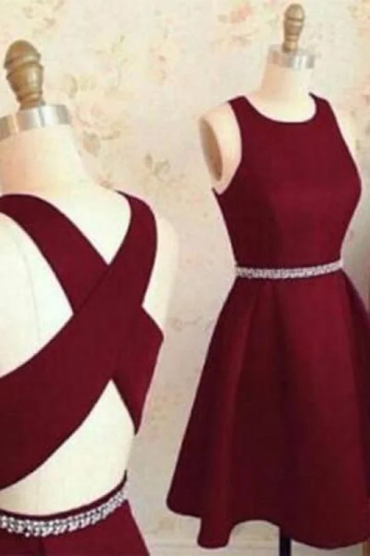 Burgundy Cute Short Prom Dresses Sleeveless Satin Homecoming Party Dress with Beads Tunics Distressed trendy