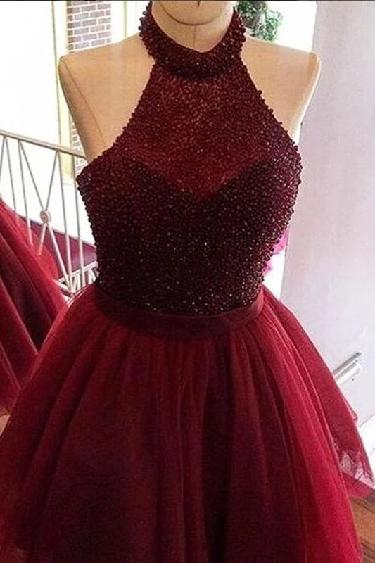 Burgundy Halter Beading Tulle Short Prom/Homecoming Backless Party Dresses Tunics Winter warm