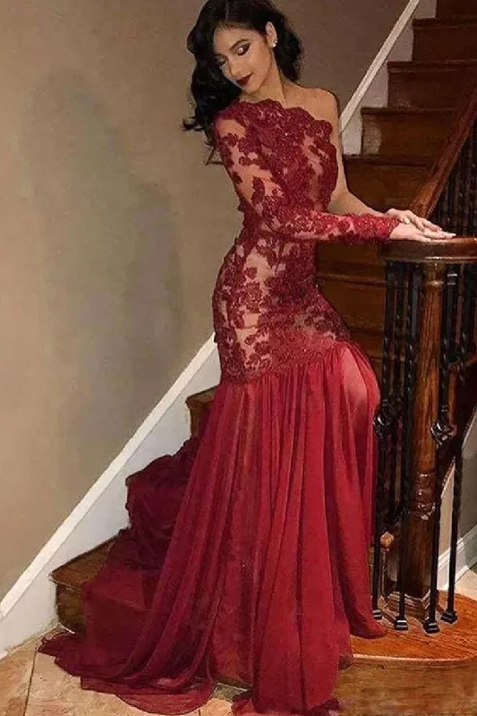 Burgundy lace tulle mermaid long prom dress lace evening dress Pencil Length Work