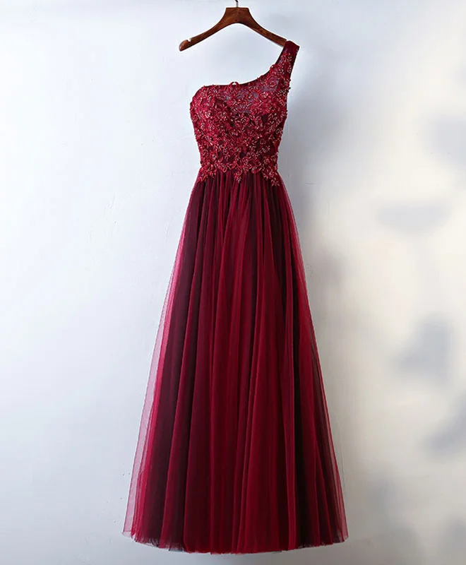 Burgundy One Shoulder Long Prom Dress, Lace Evening Dress Pleated Skirt Elegant