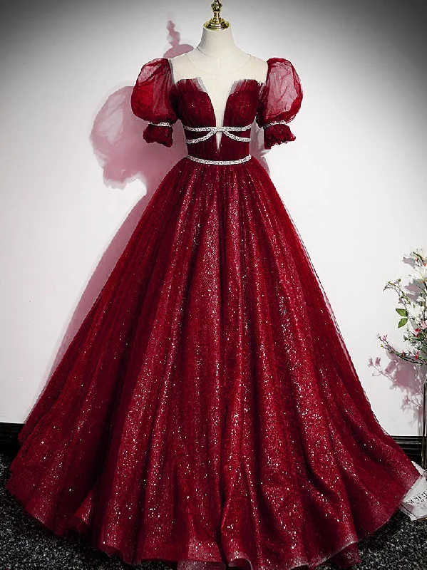 Burgundy Tulle Sequin Long Prom Dress, Burgundy Formal Evening Dresses Tunics Trousers formal