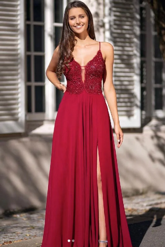 Burgundy v neck chiffon lace long prom dress burgundy evening dress Tunics Versatile functional