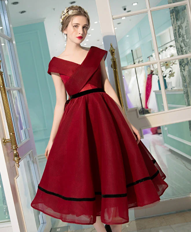 Burgundy V Neck Tea Length Prom Dress, Burgundy Evening Dress Tunics Hiking breathable