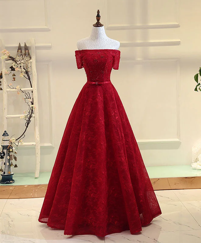 Burgundy Line  Lace Long Prom Dress, Burgundy Evening Dress Tunics Lace romantic