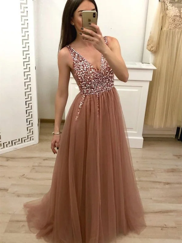 A Line V-Neck Cross Back Sequined Tulle Long Prom, Formal, Evening Dress Tunics Short Trendy A Line V-Neck Cross Back Sequined Tulle Long Prom, Formal, Evening Dress Tunics Short Trendy