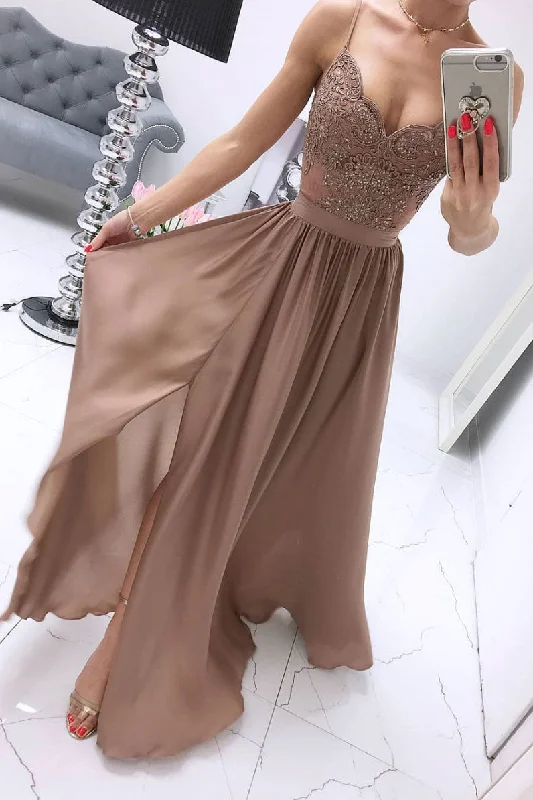 Champagne chiffon sweetheart lace long prom dress, chiffon evening dress Bodycon Fitted Nightout