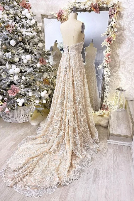 Champagne v neck lace long prom dress champagne evening dress Tunics Review highly