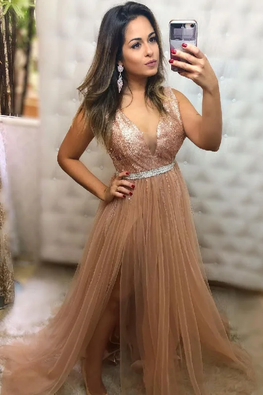 Champagne v neck tulle sequin long prom dress champagne evening dress Tunics Lace romantic