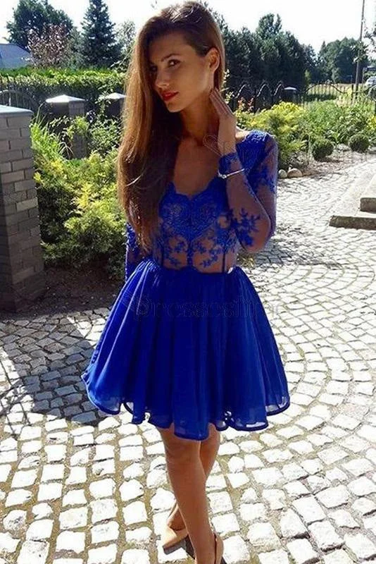 Chic Excellent Elegant A-Line V-Neck Long Sleeves Chiffon Lace Homecoming Royal Blue Party Dress Tunics Short Trendy