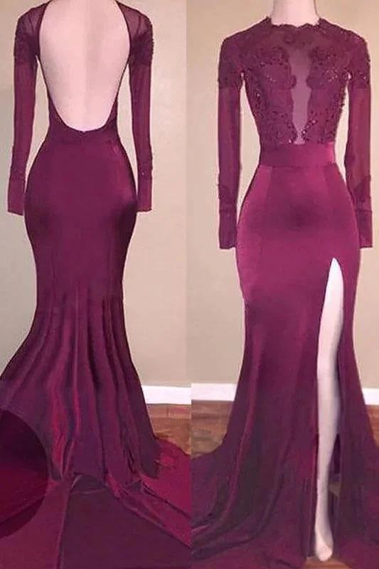 Chic Mermaid Sleeves Applique Backless Prom Long Split Evening Dresses Tunics Long Elegant