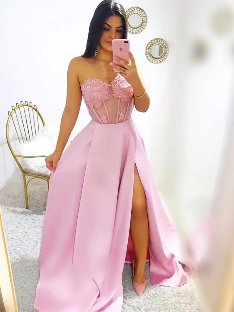 Sweetheart Neck Pink Lace Prom Dresses Long, Pink Lace Formal Graduation Evening Dresses Tunics Spring floral