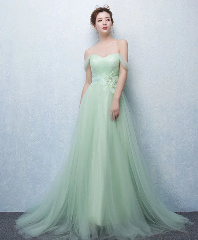 Cute Green Tulle Lace Long Prom Dress, Green Evening Dress Shift Classic Vintage