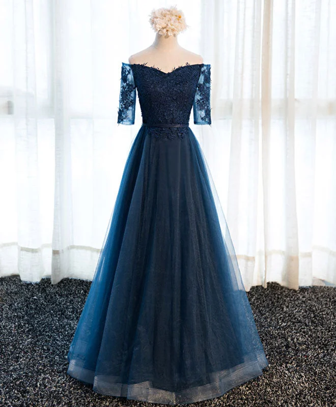 Dark Blue Lace Tulle Long Prom Dress, Lace Evening Dress Tunics Trousers formal