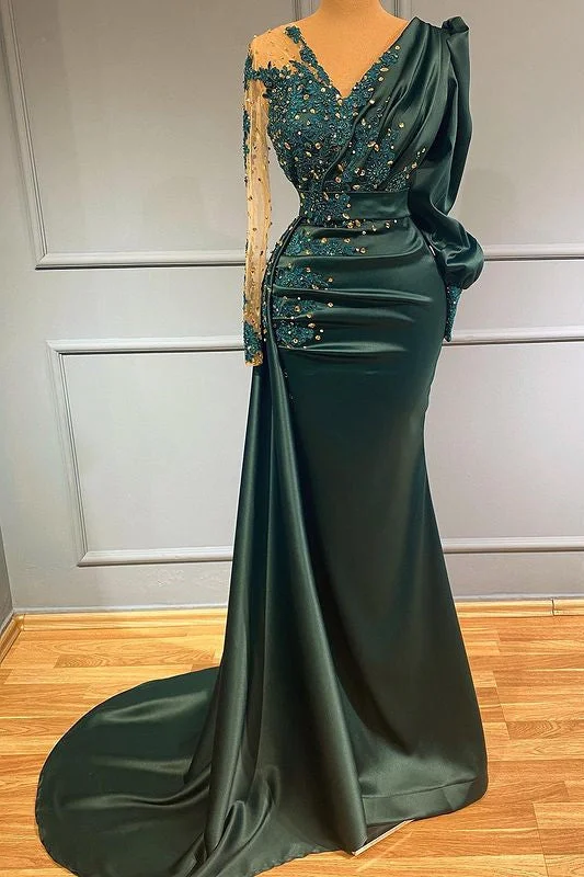 Dark Green V-Neck Long Sleeves Evening Dress with Beadings and Lace Appliques Tunics Travel practical Dark Green V-Neck Long Sleeves Evening Dress with Beadings and Lace Appliques Tunics Travel practical