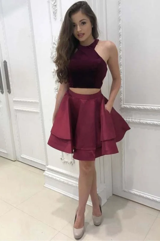 Dark Red Two Piece Satin Mini Homecoming Dress Simple Sleeveless Party Dresses Shift Classic Vintage