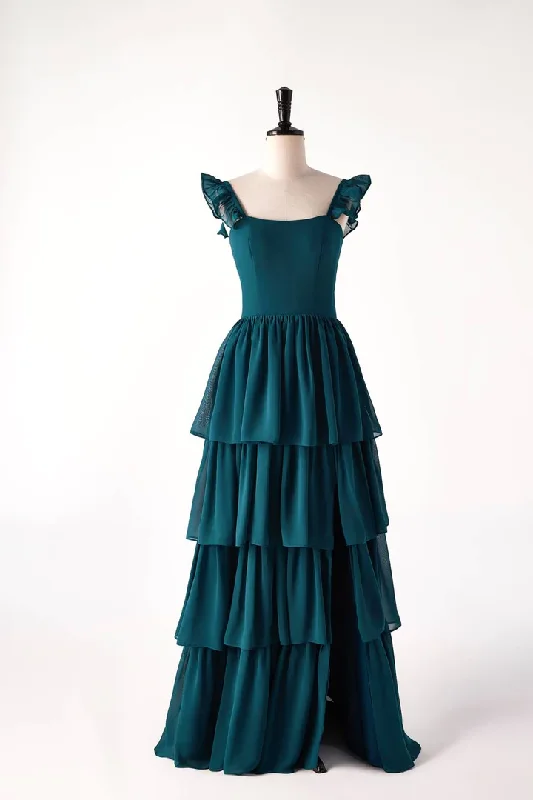 Dark Teal Ruffle Long Party Dress Bridesmaid Dress,DP1818 Tunics Custom made